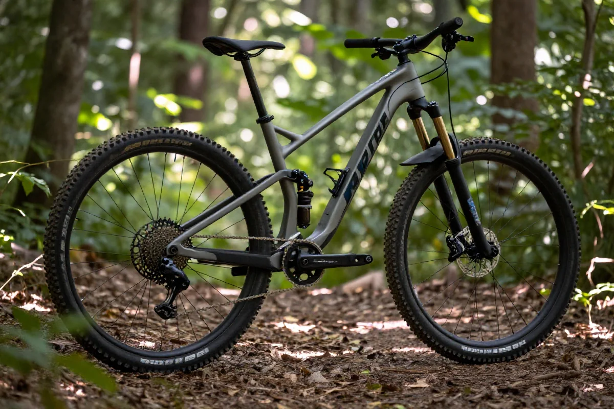 Rower górski na leśnym szlaku, podkreślający zasady Leave No Trace.