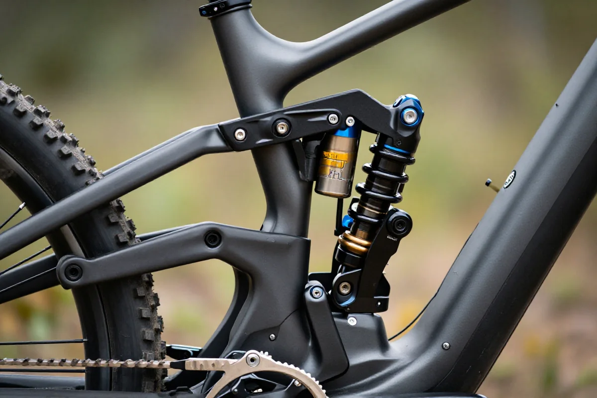 Blisko widok nowoczesnego systemu zawieszenia roweru górskiego, ukazujący właściwości kinematyki.