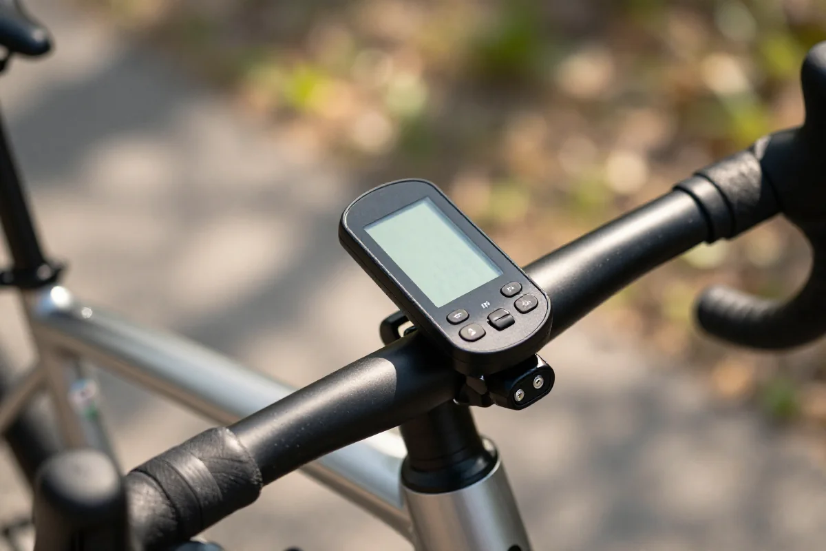 Nowoczesny licznik rowerowy na kierownicy, monochromatyczny wyświetlacz w naturalnym otoczeniu.