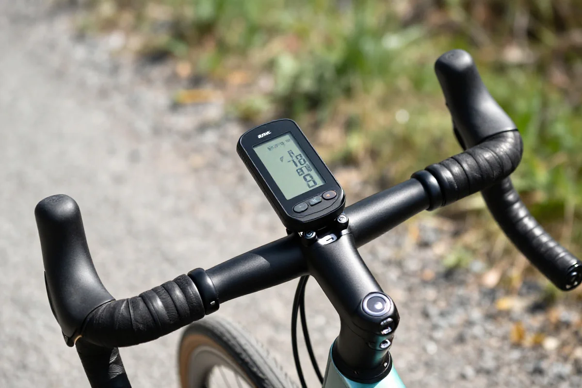 Podstawowy licznik rowerowy na kierownicy, wyświetlający prędkość i dystans.