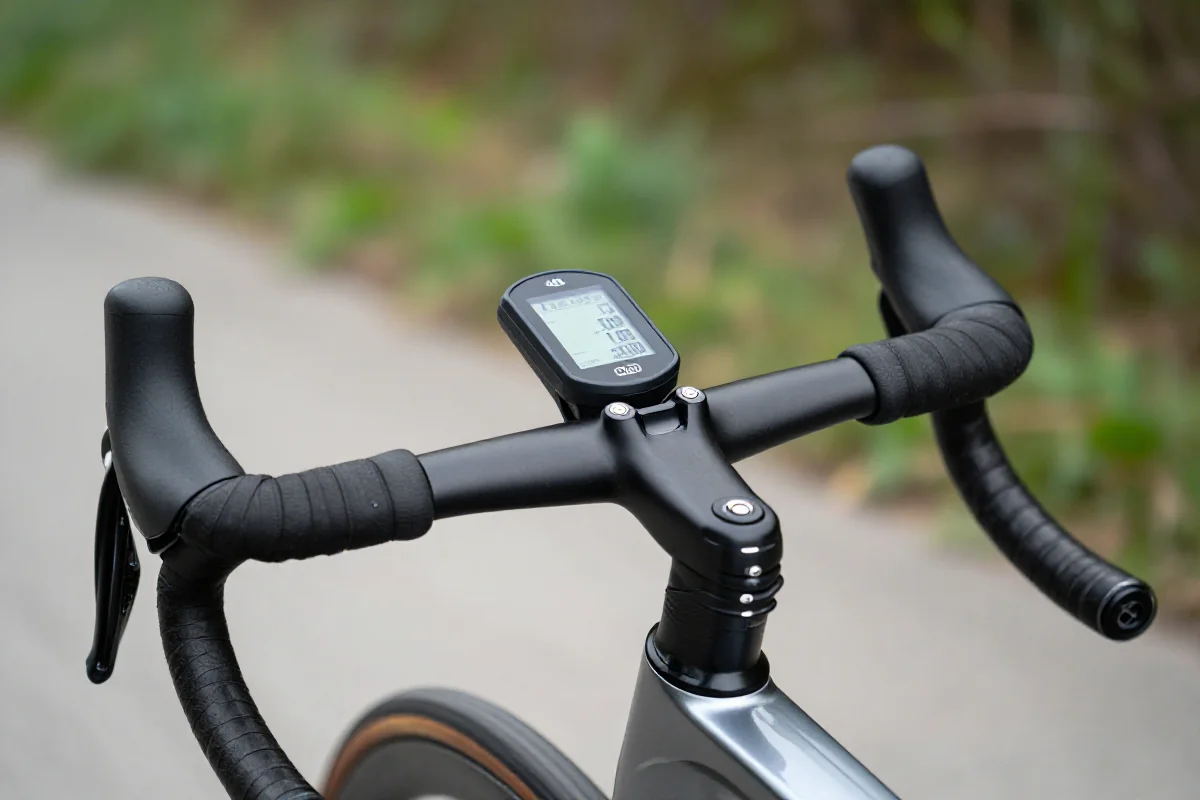 Licznik rowerowy na kierownicy nowoczesnego roweru szosowego