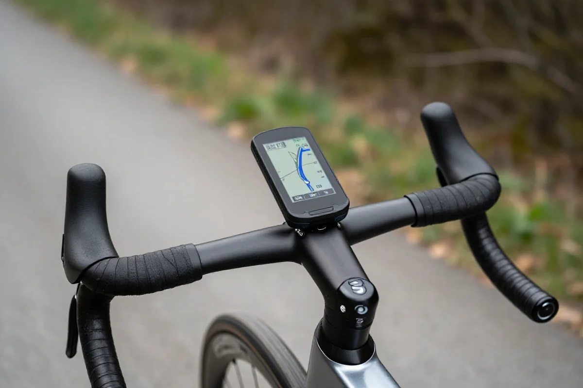 Licznik GPS na kierownicy roweru na ścieżce rowerowej