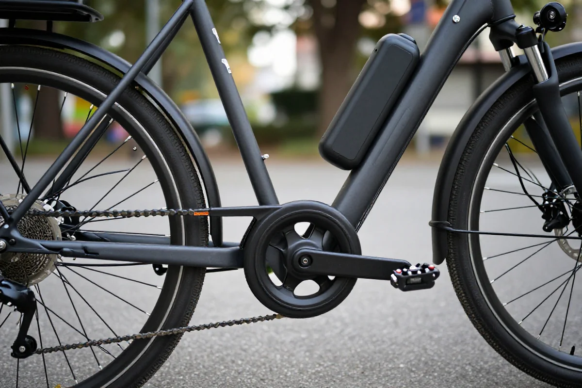 Szczegółowy widok komponentów roweru elektrycznego, w tym systemu pedelec.