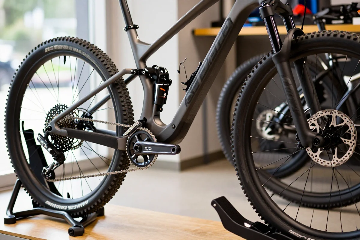 Przegląd wiosenny roweru górskiego z wyraźnymi detalami komponentów MTB.