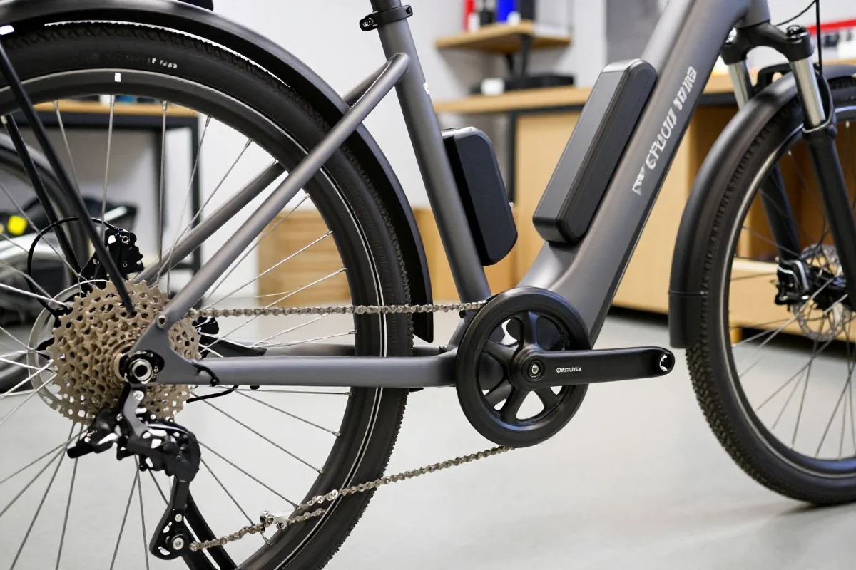 Szczegóły techniczne roweru elektrycznego, w tym ramy, zębatki i akumulator.