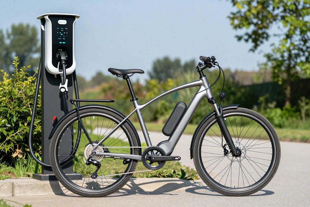 E-bike z detalami przy stacji ładowania w malowniczym otoczeniu