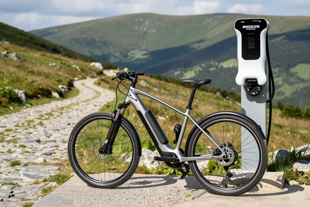 Stacja ładowania rowerów elektrycznych w Bieszczadach, górzysty krajobraz.