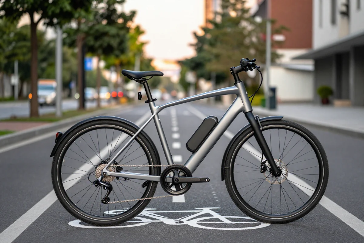 Nowoczesny rower elektryczny w miejskim pasie rowerowym, w Warszawie.