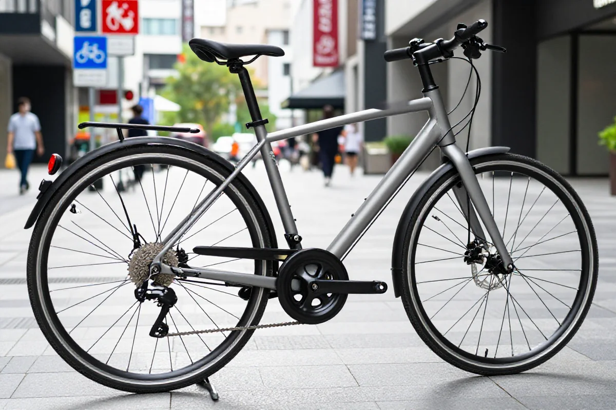 Nowoczesny rower miejski w strefie pieszej z oznakowaniem przepisów rowerowych.