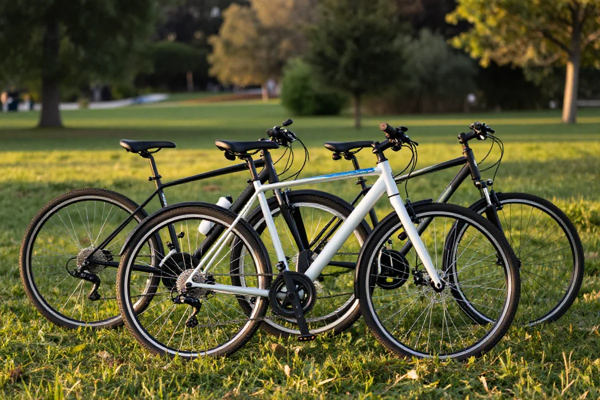 Parkowane rowery w malowniczej scenerii, różne modele i komponenty.