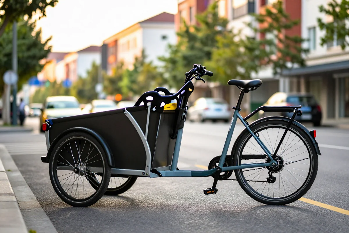 Rower long tail cargo na miejskiej ulicy, idealny do przewozu dzieci.