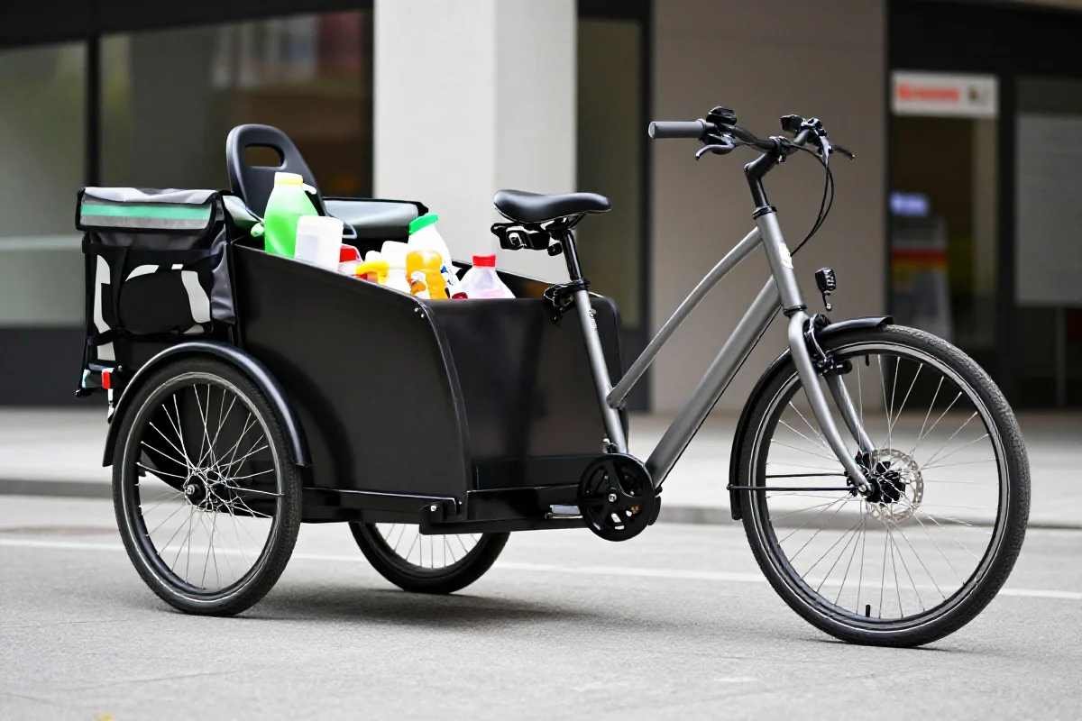 Rower longtail cargo z dużymi torbami na zakupy w miejskim otoczeniu.