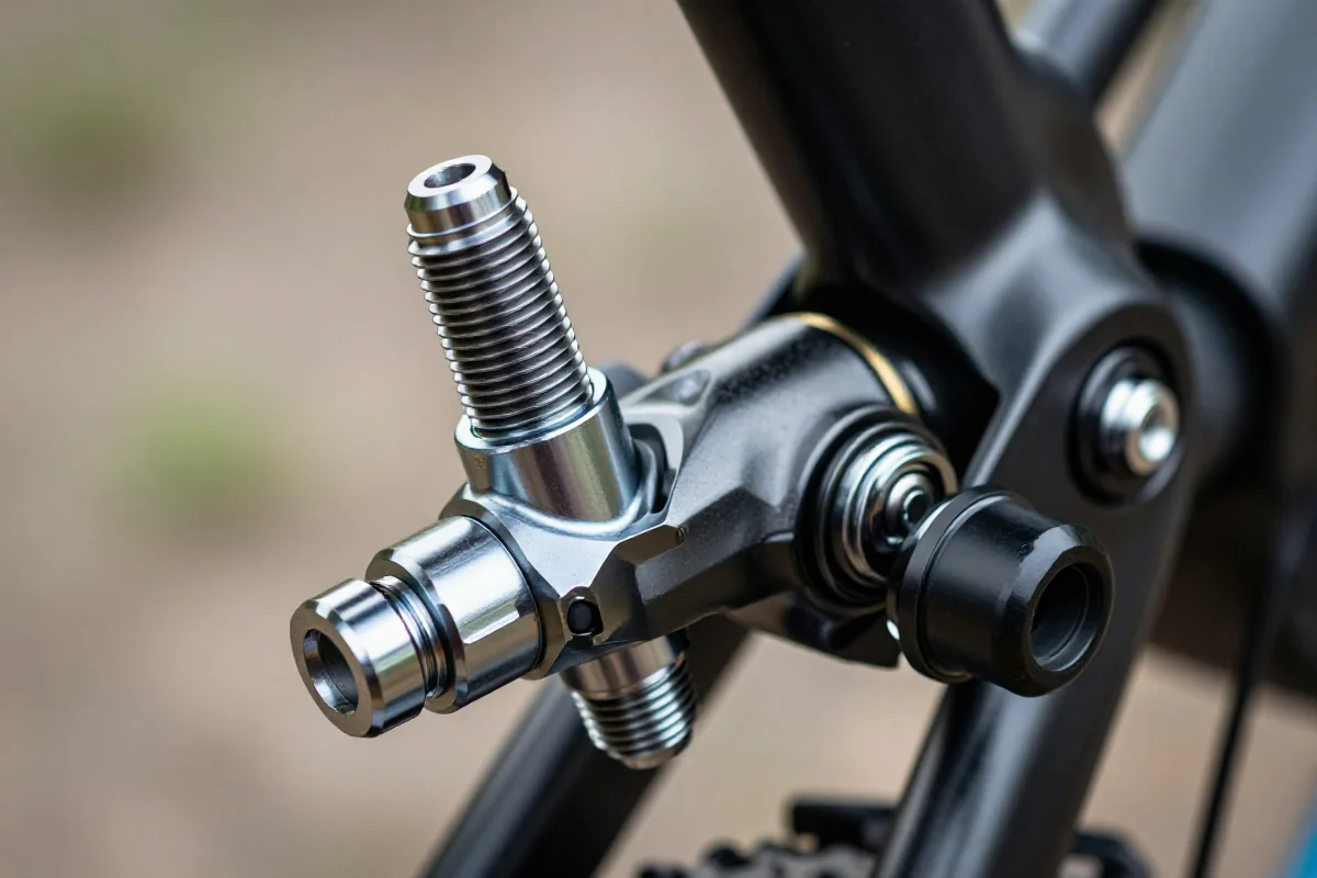 Zbliżenie na łożyska suportu roweru górskiego MTB, pokazujące różne typy montażu.