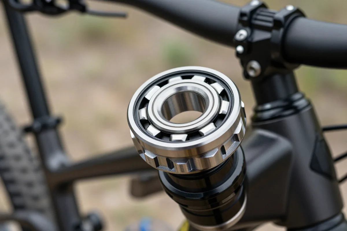 Szczegóły łożyska kontaktowego kątowego w układzie sterowania roweru MTB.