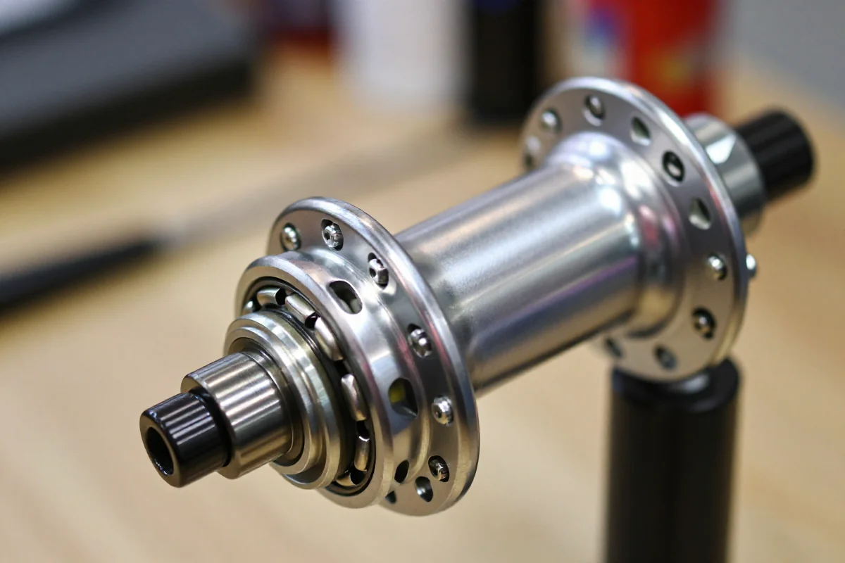 Zbliżenie na łożyska stalowe w piaście rowerowej w warsztacie rowerowym.