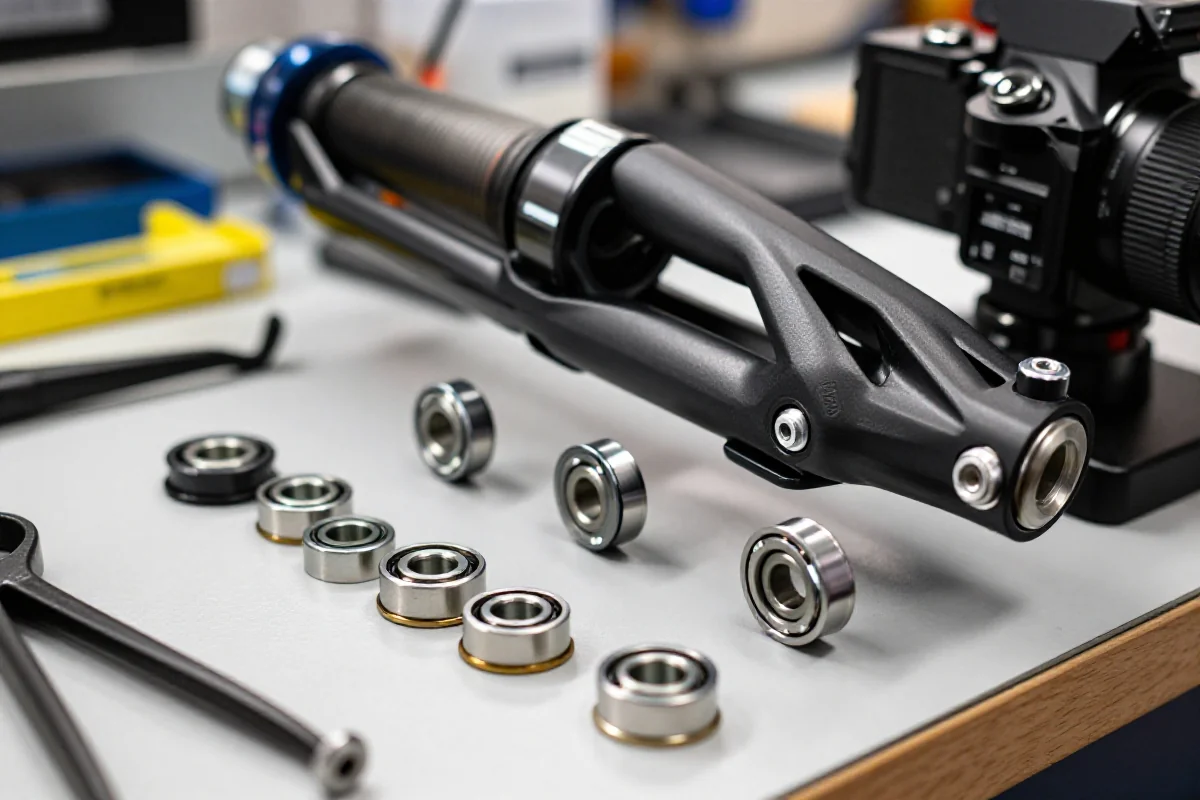 Zbliżenie na łożyska w przegubach rowerów full suspension, prezentujące różne typy łożysk.