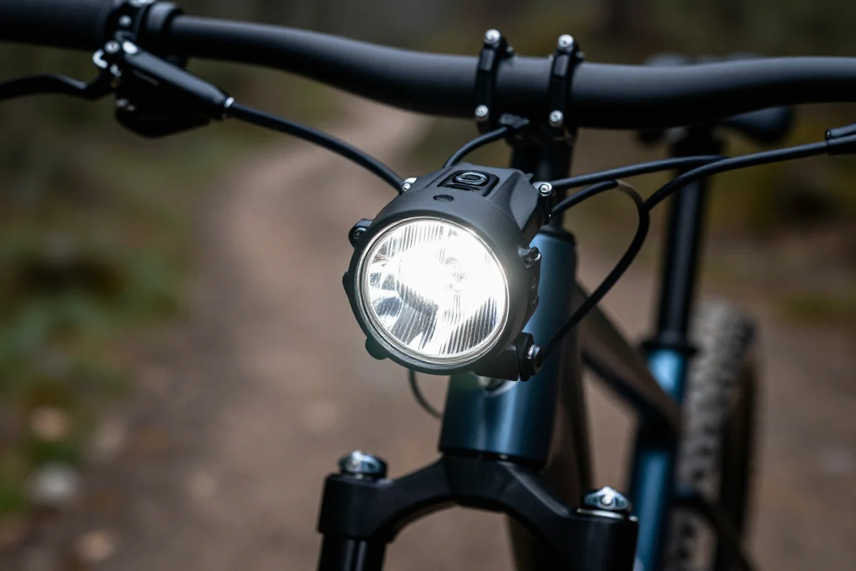 Lampka przednia do roweru MTB, pokazująca parametry lumenów i beam pattern.