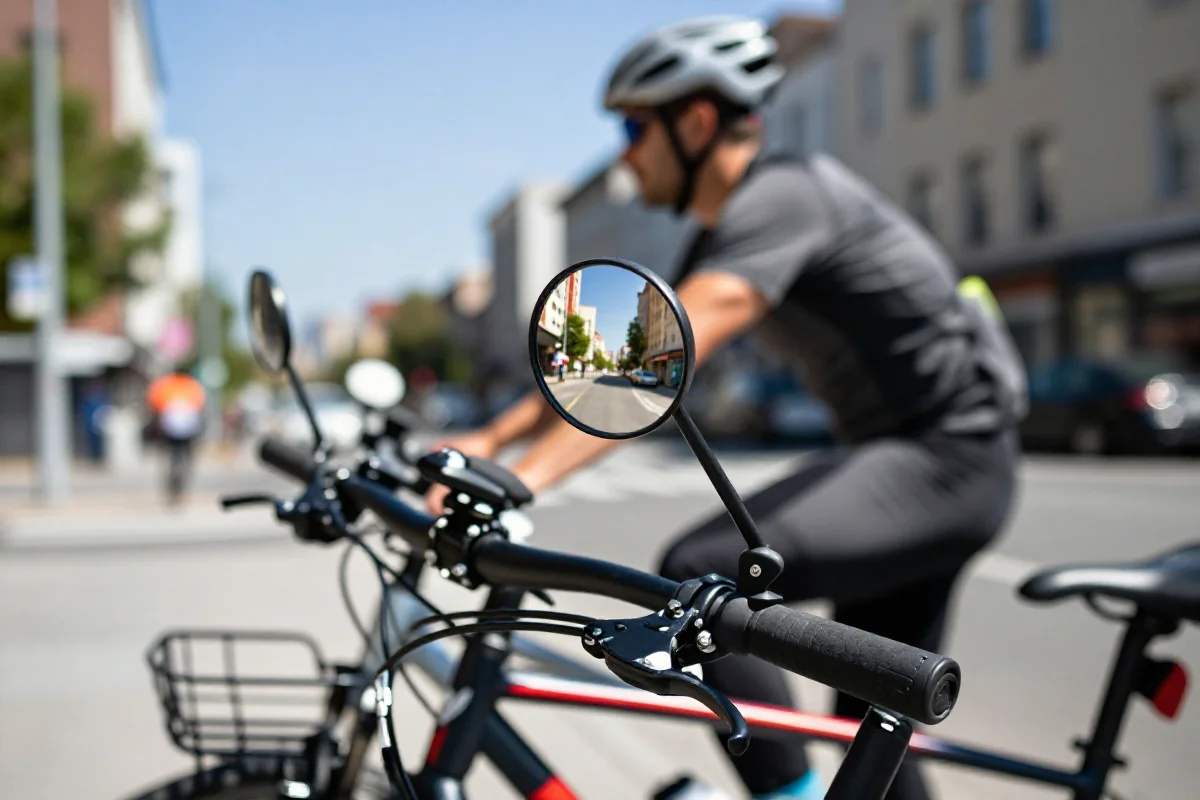 Różne lusterka rowerowe na rowerach w miejskim otoczeniu.
