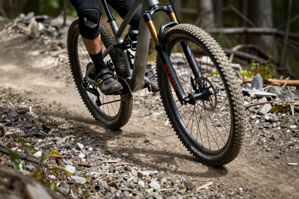Rower górski na luźnej nawierzchni, technika kontrolowanego driftu w zakręcie.