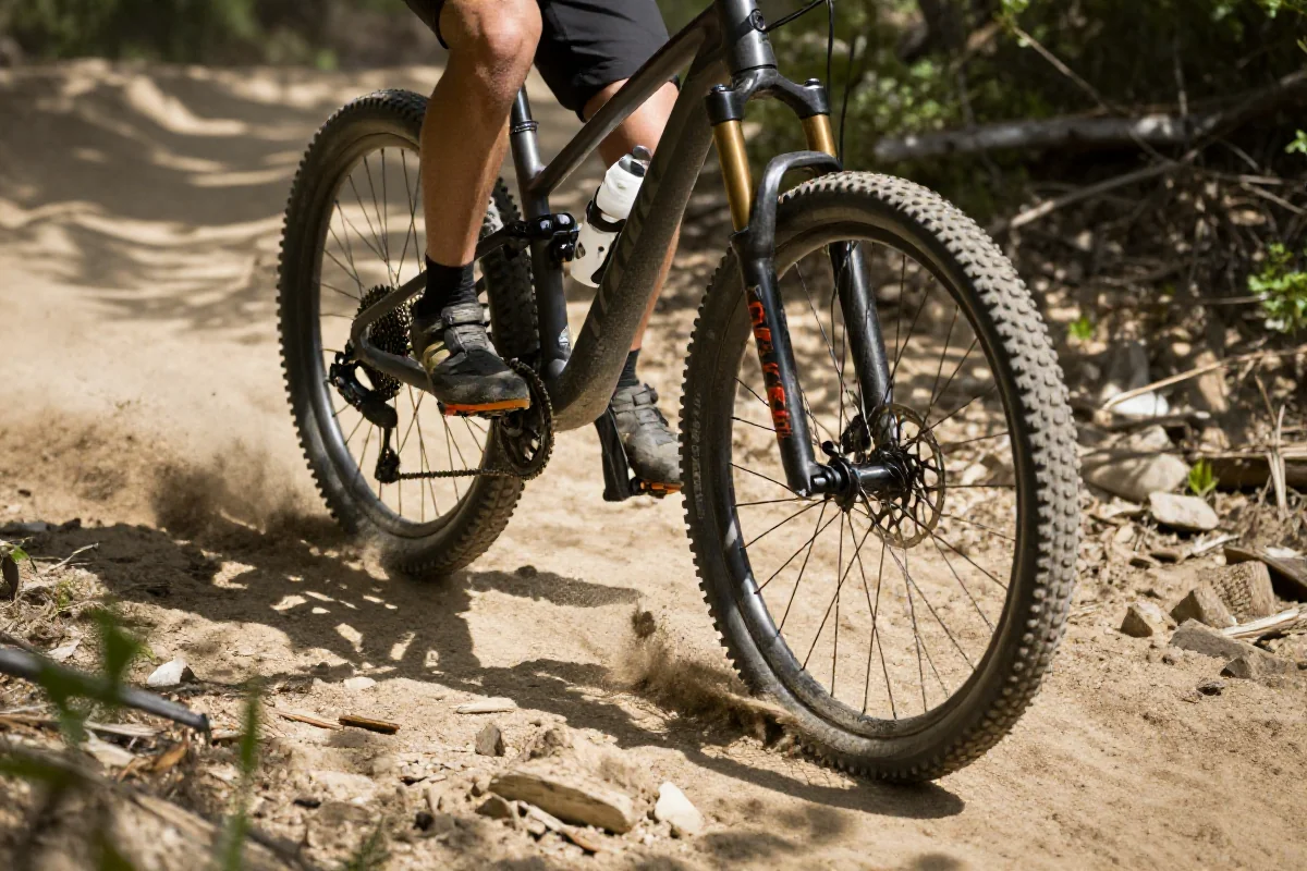 Rower górski w ruchu na piaskowej trasie, techniki jazdy na luźnych powierzchniach.