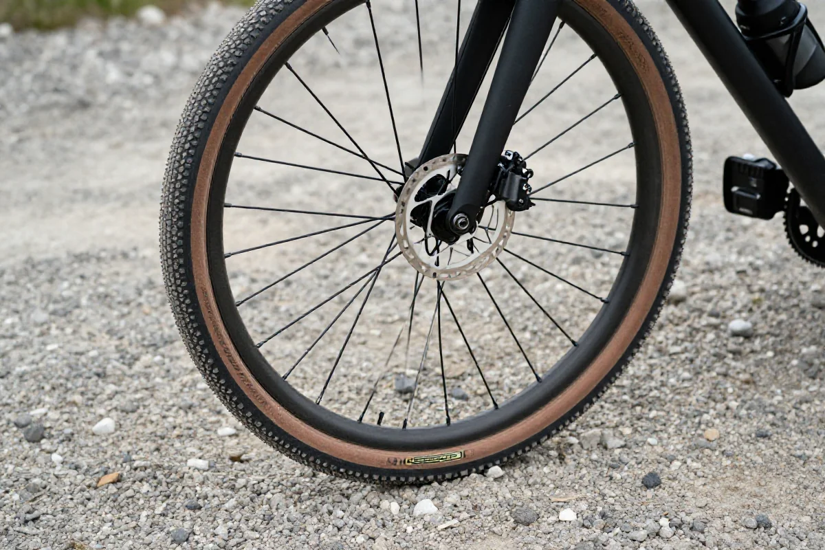 Rower gravelowy na luźnym żwirze, pokazujący oponę i podłoże.