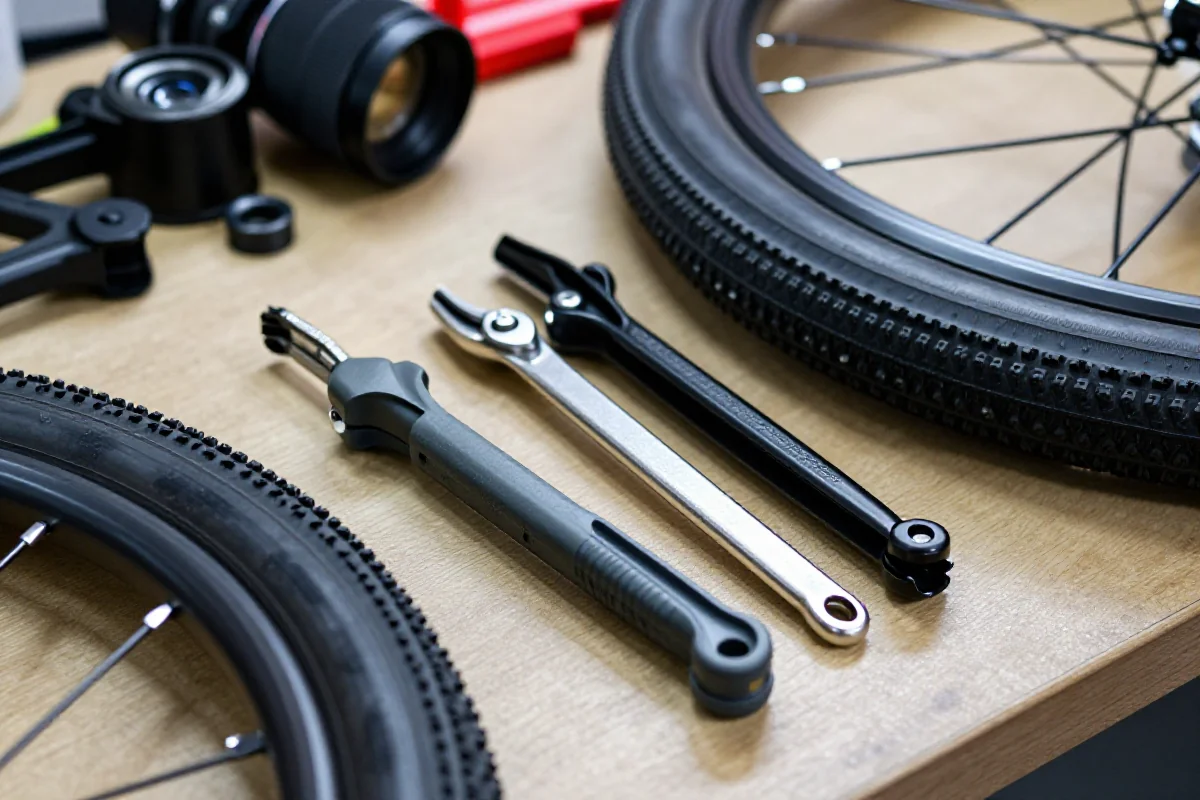 Łyżki montażowe na stole warsztatowym z oponami i częściami rowerowymi.