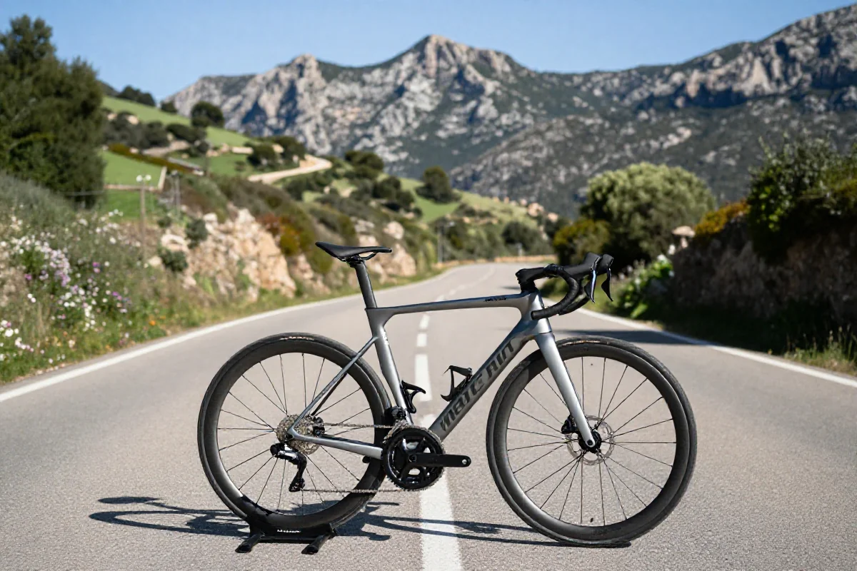 Sceniczna trasa rowerowa na Majorce z eleganckim rowerem szosowym.
