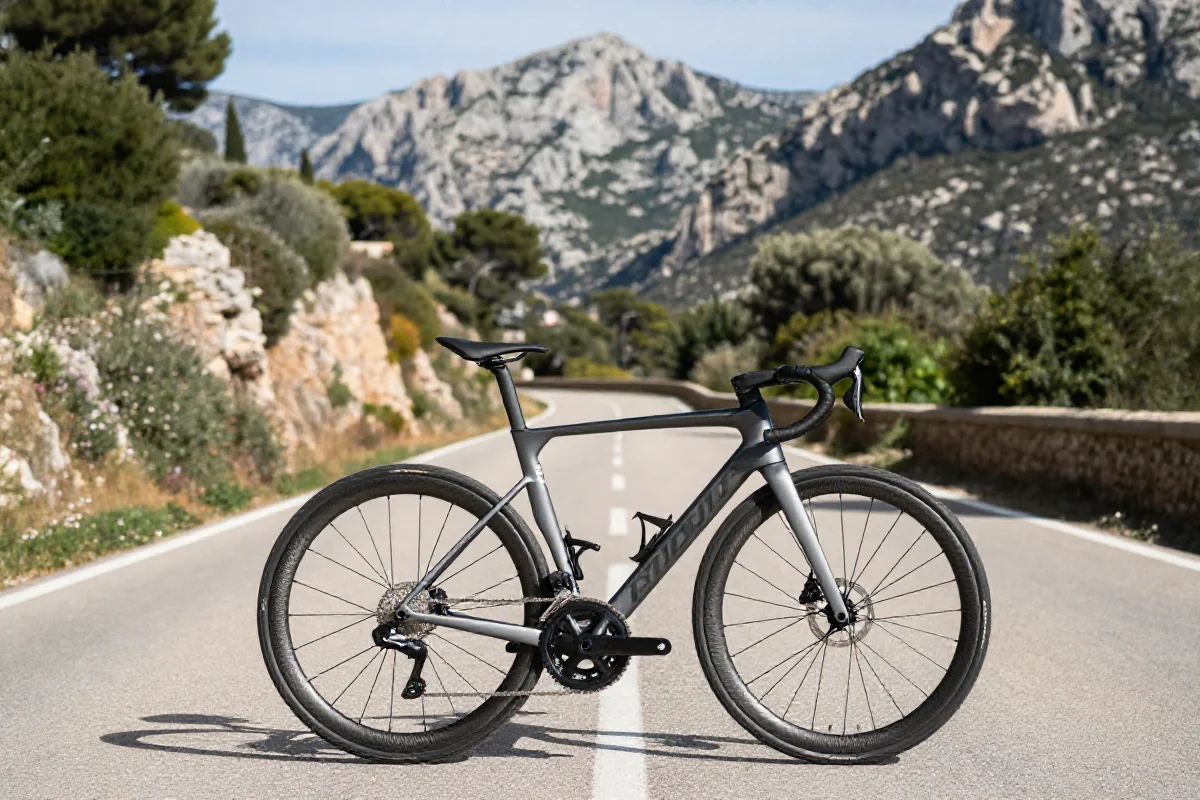 Rower szosowy na malowniczej trasie w Majorce, idealnej dla treningów.