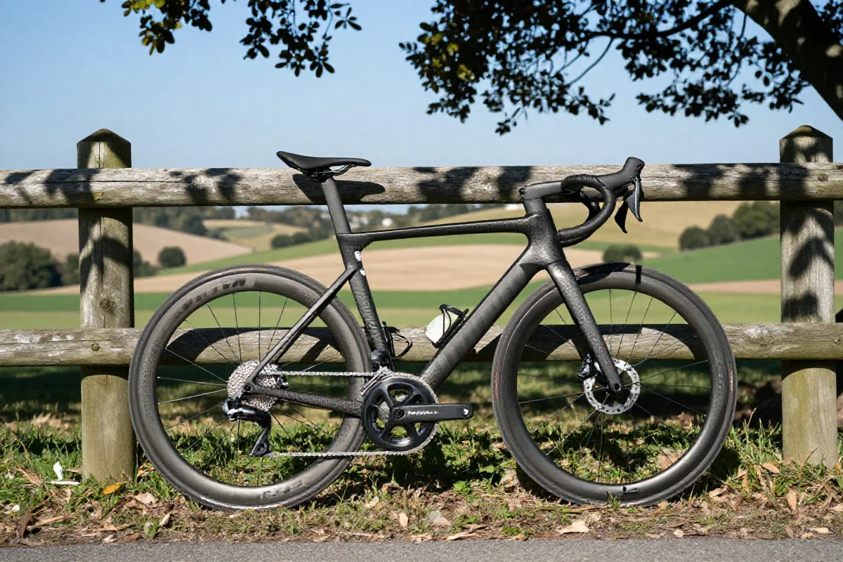 Rower szosowy oparty o drewniane ogrodzenie w malowniczym krajobrazie