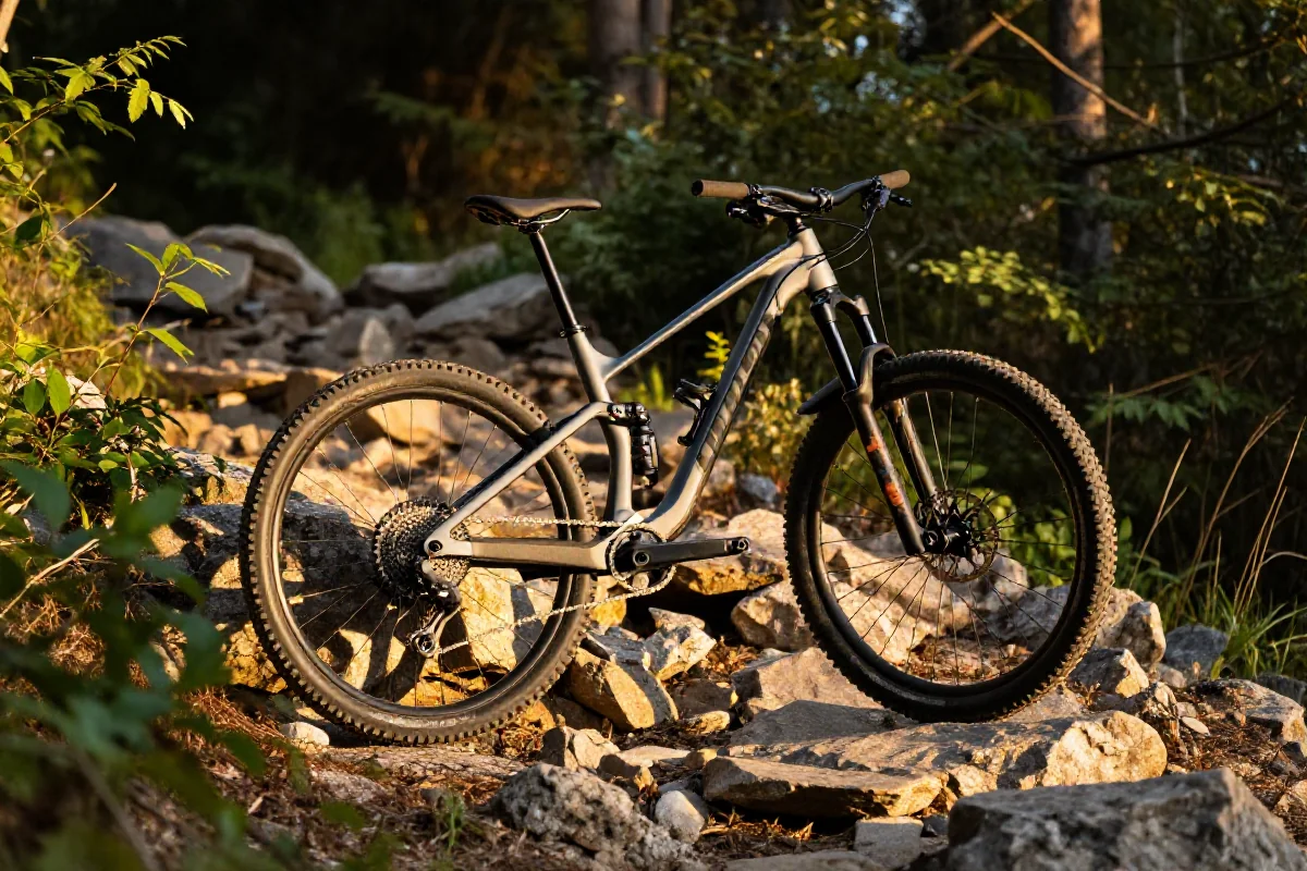 Rower górski na skalistej trasie w lesie, detale komponentów roweru.