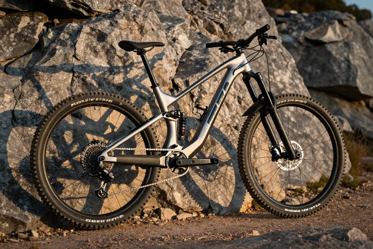 Rower górski z zaawansowanymi komponentami na tle skalistego terenu.