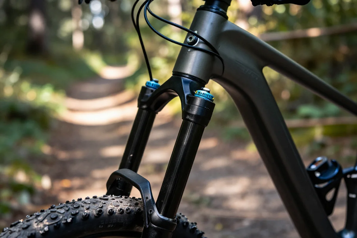 Bliski widok na dropper post w rowerze górskim, ukazujący szczegóły techniczne.