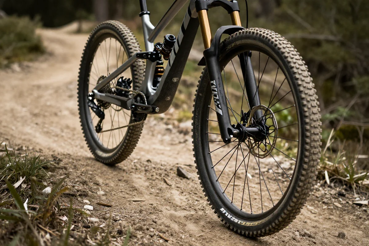 Rower górski na krawędzi małego dropu w terenie leśnym.