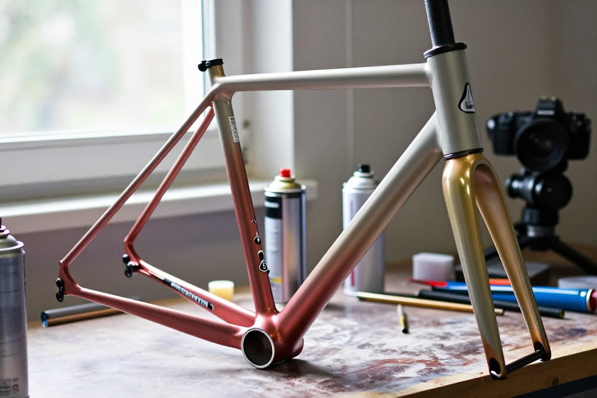 Rama roweru w trakcie zmiany koloru, narzędzia i farby na stole.