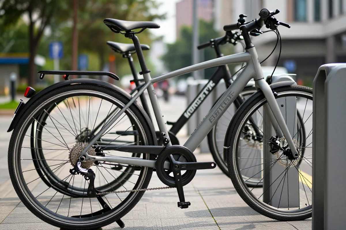 Nowoczesny rower miejski w miejskim otoczeniu, zwracający uwagę na bezpieczeństwo rowerzystów.