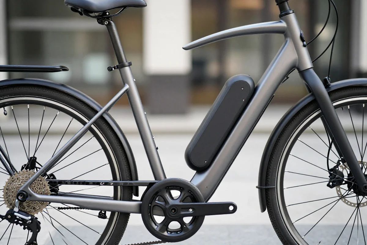 Nowoczesny rower elektryczny z widocznymi detalami, w miejskim otoczeniu.