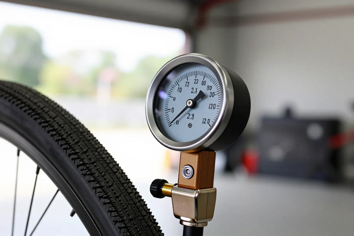 Manometr cyfrowy obok opony rowerowej, kontrola ciśnienia w oponach.