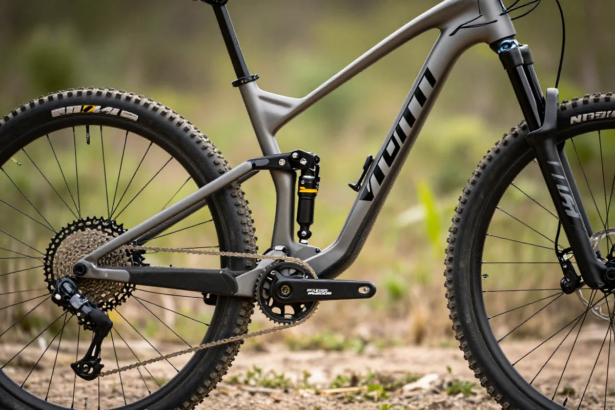 Nowoczesny rower górski z widocznymi detalami technicznymi i geometrią ramy.