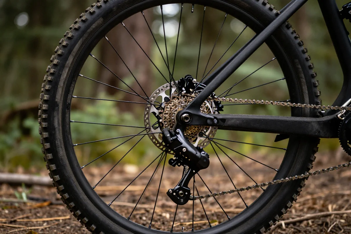 Szczegółowe zdjęcie tylnego koła roweru górskiego i systemu hamulcowego.