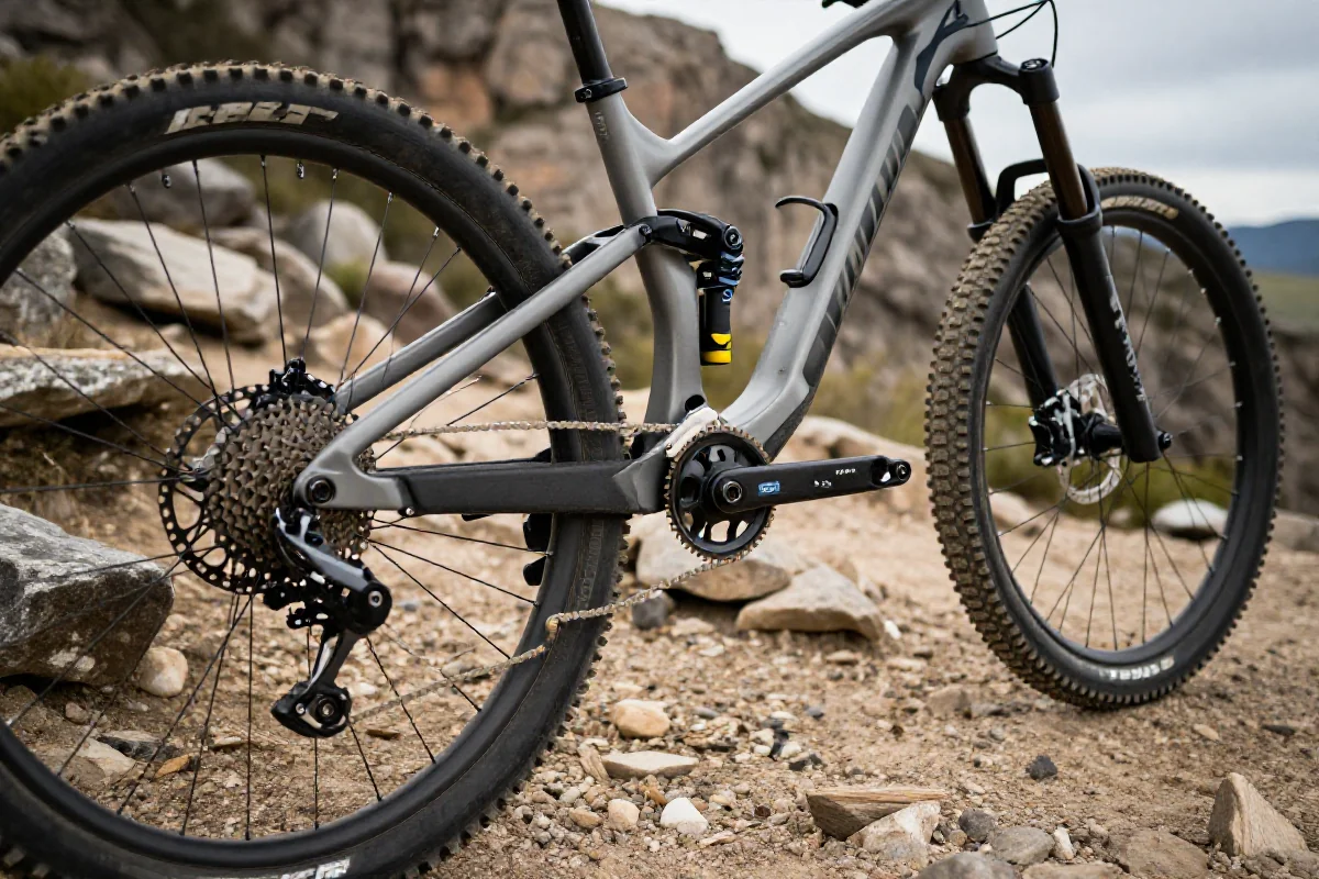 Rower górski na trudnym terenie, przedstawiający techniki jazdy na jednym kole.