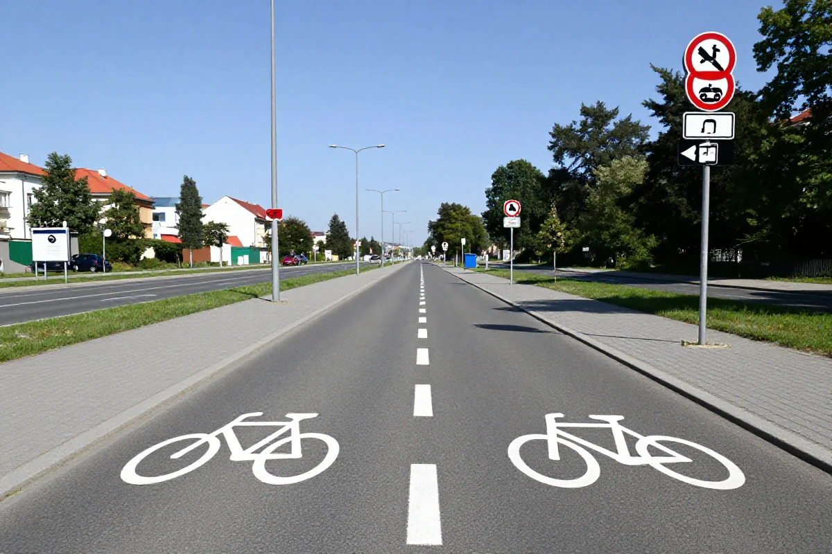 Infrastruktura rowerowa w Krakowie z szerokimi ścieżkami i oznakowaniem drogowym.