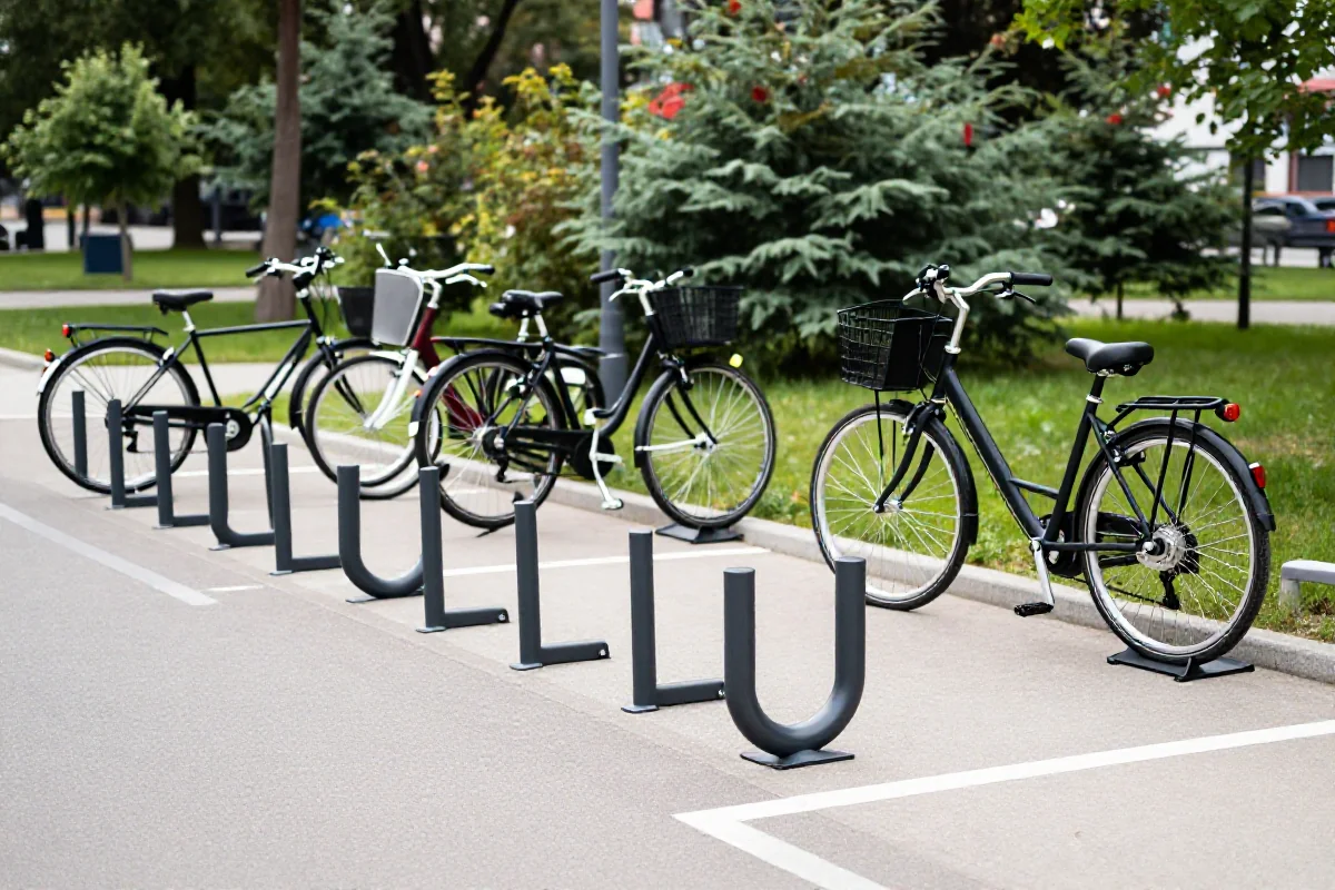 Nowoczesny parking rowerowy w Warszawie z różnymi typami stojaków rowerowych.