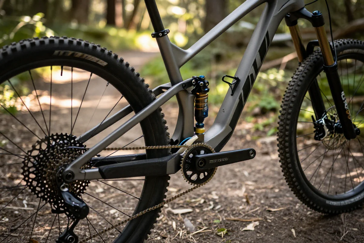 Szczegółowy widok ramy roweru górskiego i jego komponentów na szlaku MTB.