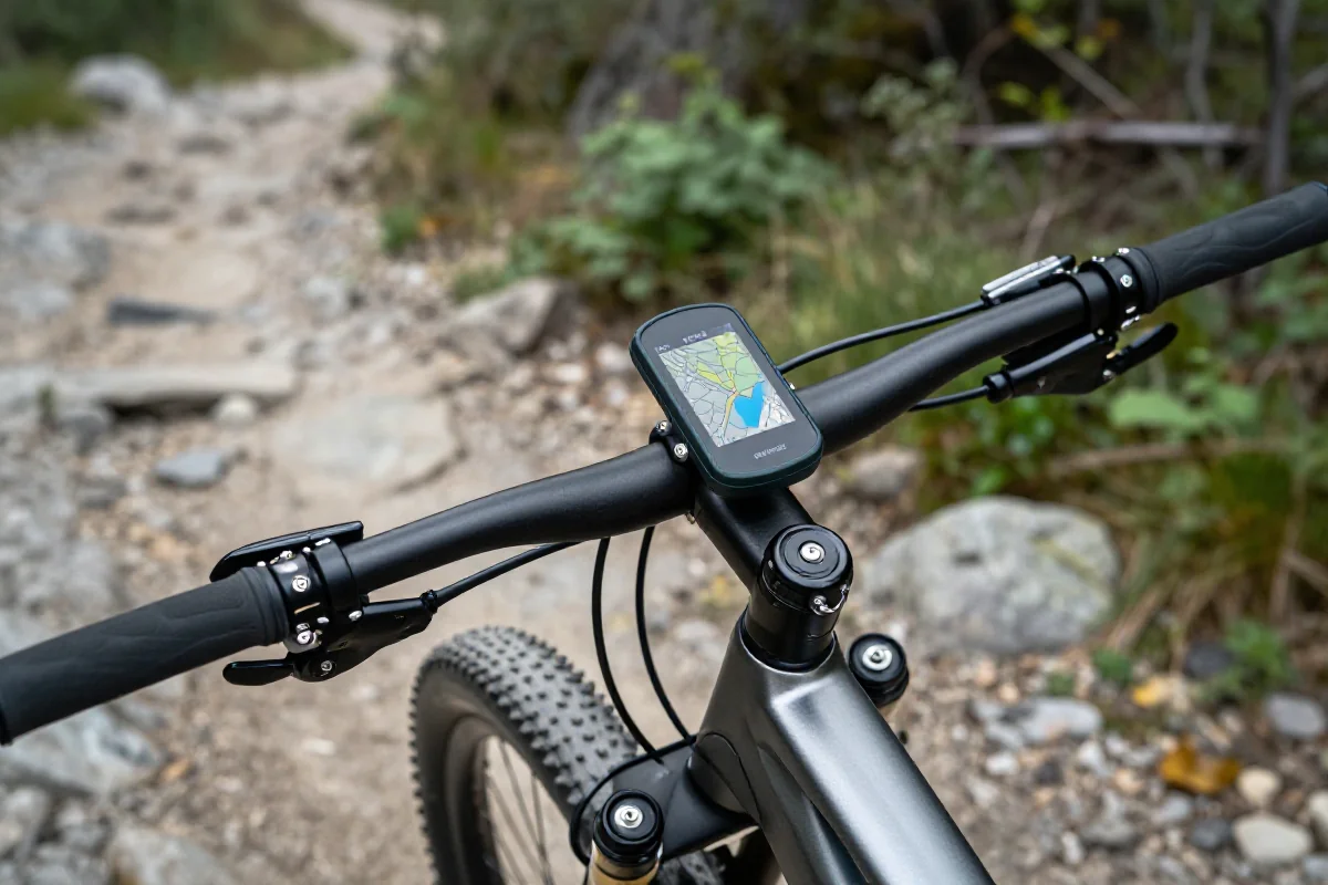 Nowoczesny GPS na kierownicy roweru górskiego na szlaku