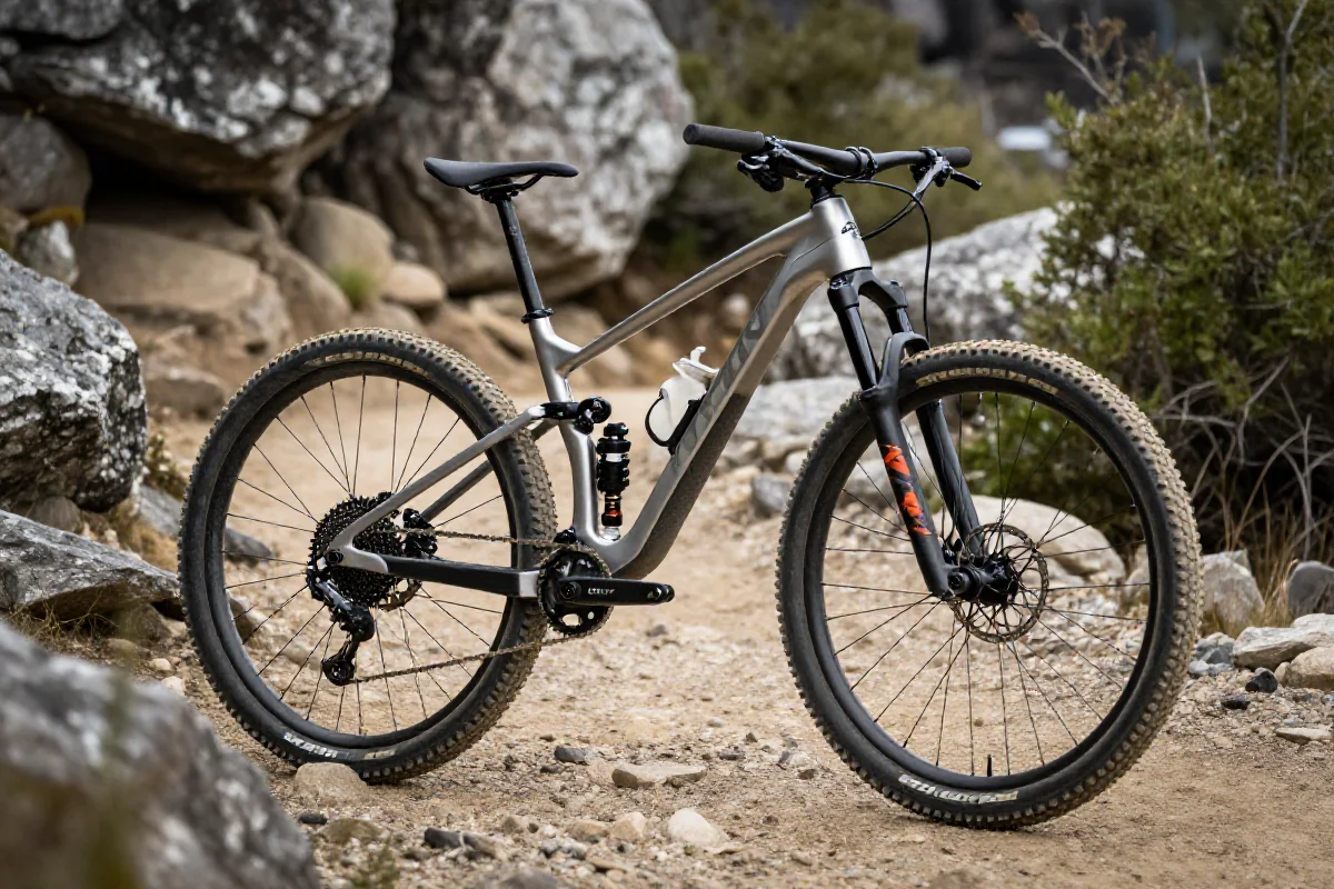 Rower marathon XC na trudnym szlaku górskim, idealny do długodystansowych wyścigów.