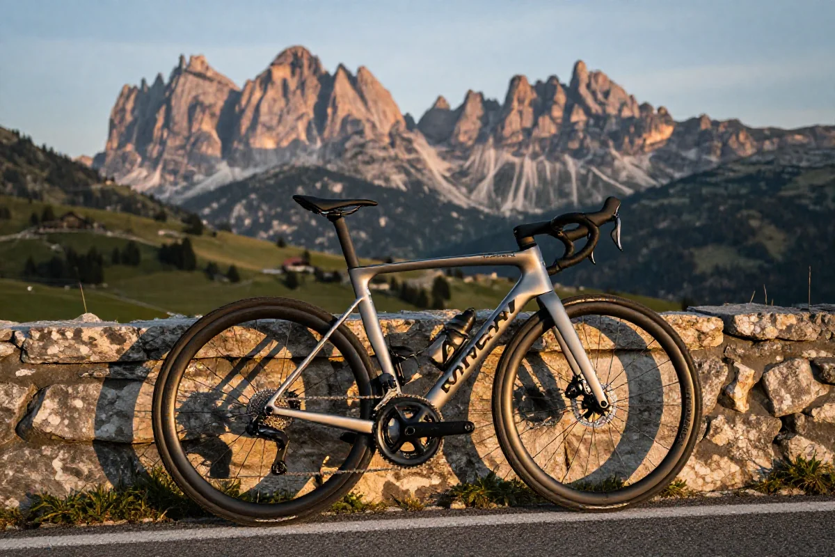 Widok na rower szosowy w Dolomitach, idealny dla gran fondo.