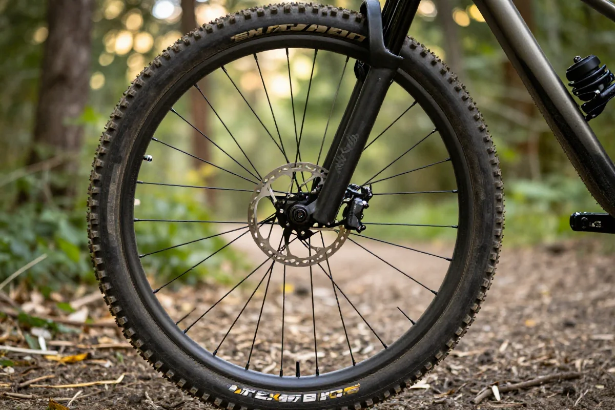 Zbliżenie na koło roweru górskiego na szlaku MTB.