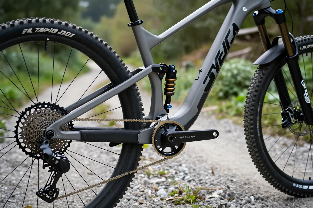 Szczegółowy widok ramy roweru górskiego z komponentami w naturalnym otoczeniu.