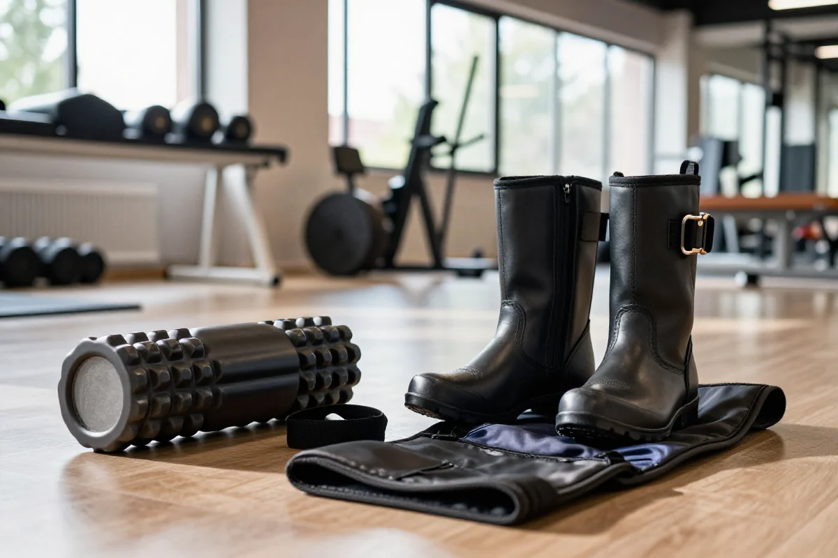 Narzędzia regeneracyjne dla sportowców, takie jak roller, buty i odzież kompresyjna.