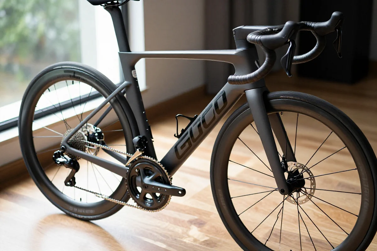 Szczegółowy widok ramy roweru szosowego na drewnianej podłodze